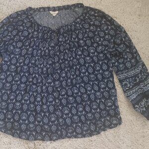 Lucky Brand Women’s Boho Floral Peasant Top Navy Blue Long Sleeve Size M